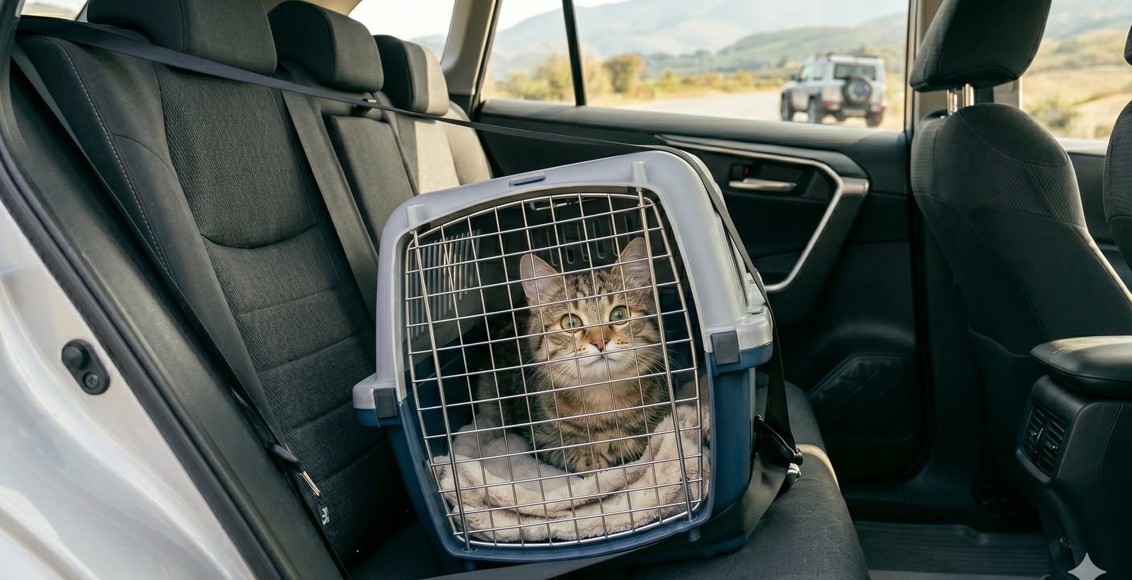 A cat secured in a pet carrier in the back seat of a car
